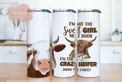 Funny Cow 20 oz Skinny Tumbler Sublimation, Heifer Cow Tumbler Design, Crazy Heifer Neighbor Down Street Tumbler Wrap Template - PNG Sublimation Rabbitmakies 