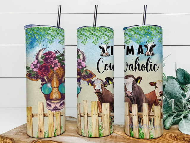 Funny Cow 20oz Skinny Tumbler Png, I Am A Cowaholic Tumbler, Cow Lover Tumbler, Farm Cattle Animal Print Cows Flowers, Funny Heifer Tumbler Sublimation iStyleDesign 