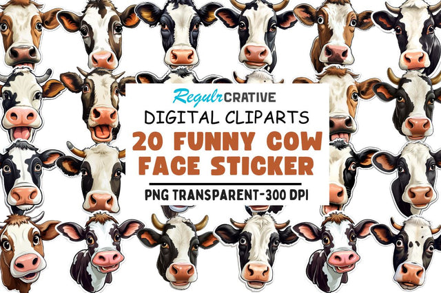 Funny Cow Face Sticker Clipart png bundle Sublimation Regulrcrative 