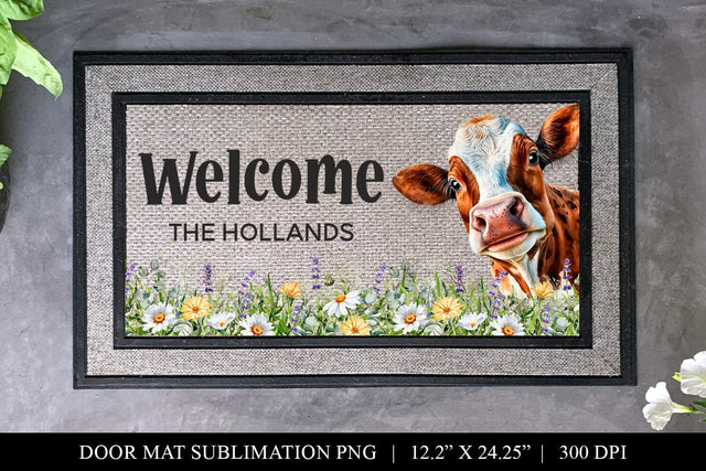 Funny Cow Floral Welcome Door Mat Sublimation PNG Sublimation BijouBay 