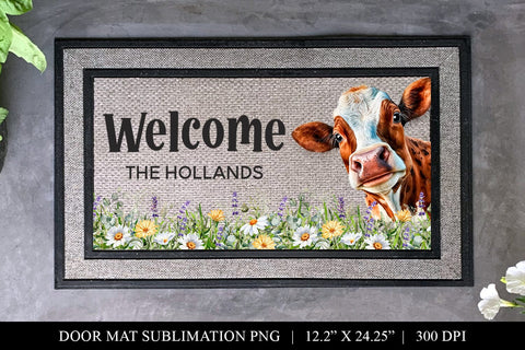 Funny Cow Floral Welcome Door Mat Sublimation PNG Sublimation BijouBay 