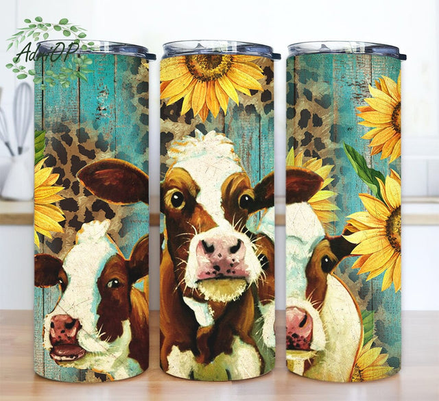 Funny Cow Sunflowers Seamless 20oz Skinny Tumbler Png, Leopard Sunflowers Cow Tumbler Png, Country Western Tumbler, Leopard Tumbler, Western Sunflower Tumbler Sublimation AdriOP 