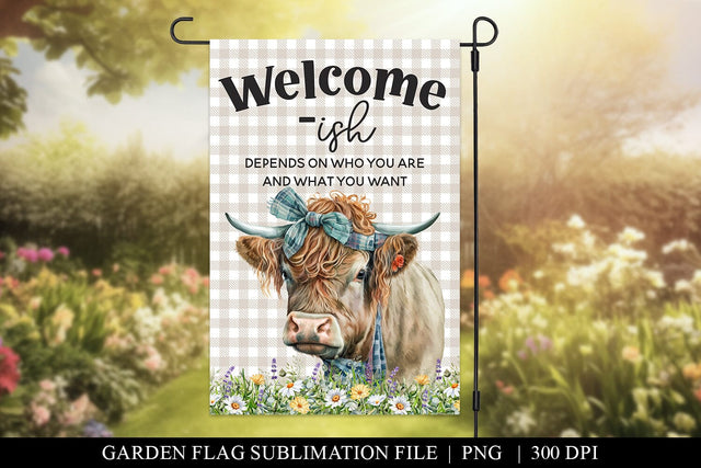 Funny Cow Welcome-ish Garden Flag Sublimation Design Sublimation BijouBay 