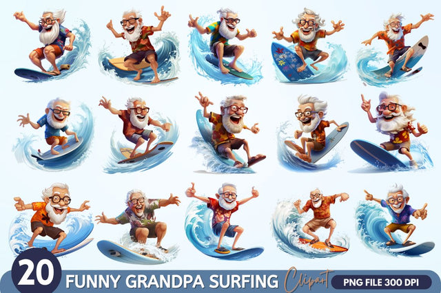 Funny Grandpa Surfing Clipart Bundle Sublimation Regulrcrative 