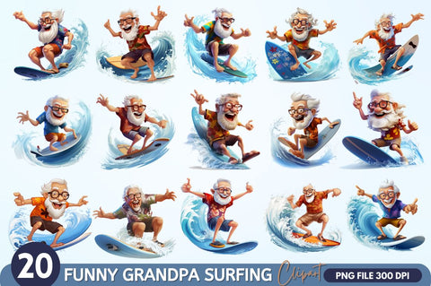 Funny Grandpa Surfing Clipart Bundle Sublimation Regulrcrative 