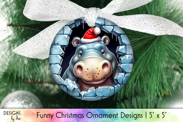 Funny Hippo Christmas Ornament Design Sublimation Designs by Ira 
