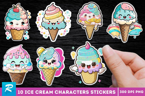 Funny Ice Cream characters with glitter Stickers Bundle Sublimation Regulrcrative 