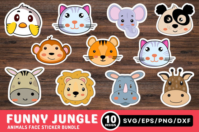 Funny Jungle Animals Faces Sticker Svg Bundle SVG Regulrcrative 
