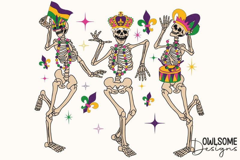 Funny Skeleton Dancing Mardi Gras PNG Sublimation Owlsome.Designs 