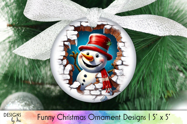 Funny Snowman Braking the Wall Christmas Ornament Design Sublimation Designs by Ira 