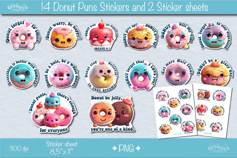 Funny Stickers Bundle| Printable Kawaii Stickers bundle png| Donuts png Sublimation Createya Design 