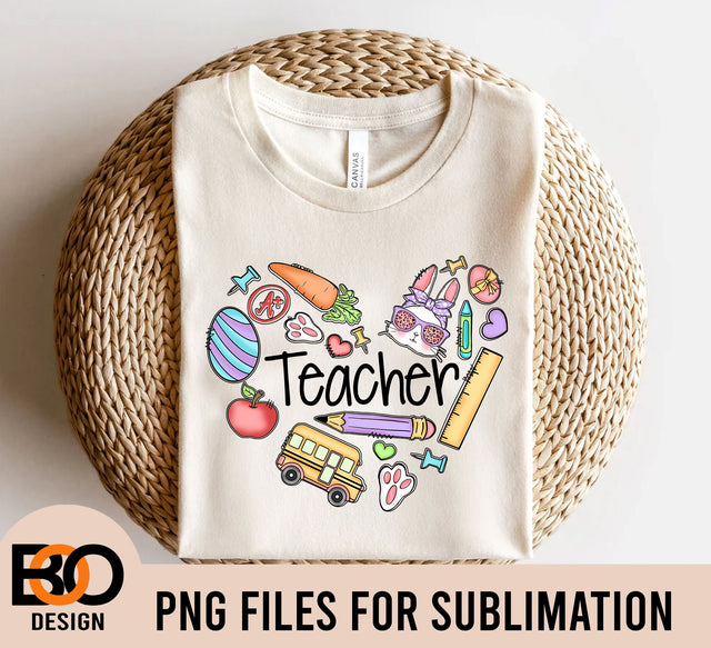 Funny Teacher Bunny Heart Easter ,Eggs Rabbit Easter Day PNG, Easter Teacher Bunny PNG Sublimation BOO-design 