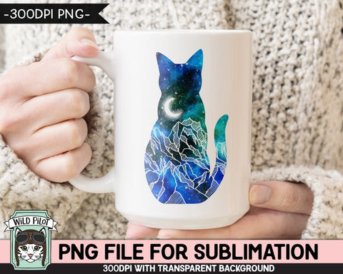 Galaxy Cat PNG SUBLIMATION design, Cat Silhouette PNG, Space png, Cat Clipart, Wild and Free png, Adventure png, Mountain Scene png Sublimation Wild Pilot 