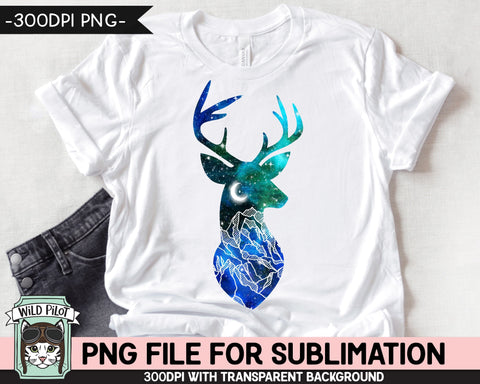 Galaxy Deer Head PNG SUBLIMATION Design, Deer Head Silhouette PNG, Winter png, Space png, Deer Clipart, Watercolor png, Mountain Scene png Sublimation Wild Pilot 