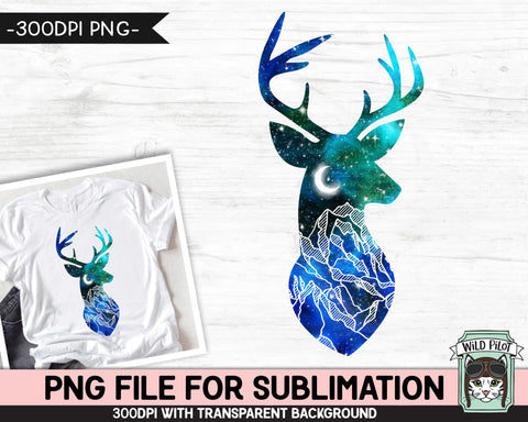 Galaxy Deer Head PNG SUBLIMATION Design, Deer Head Silhouette PNG, Winter png, Space png, Deer Clipart, Watercolor png, Mountain Scene png Sublimation Wild Pilot 
