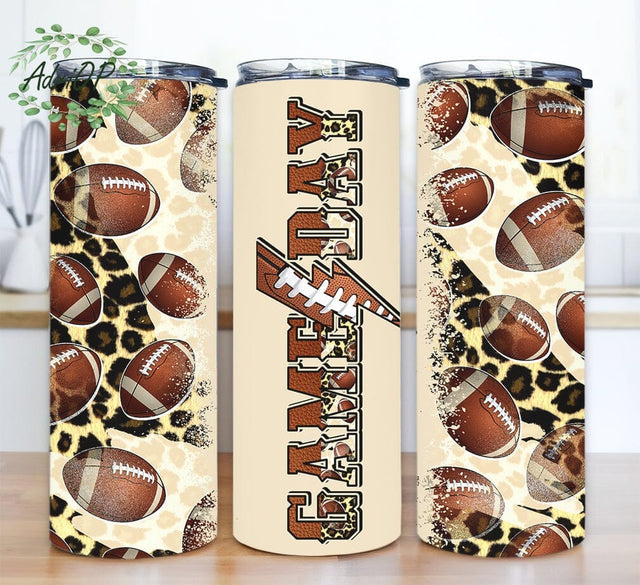 Game Day Leopard Football 20oz Skinny Tumbler Png, Football Lightning Bolt, American Football With Leopard, Sport Png, Western Tumbler Png Sublimation AdriOP 