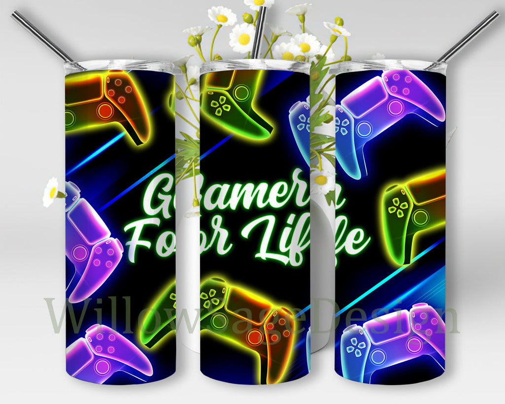 Gamer For Life Tumbler Template, Gamepad Neon 20oz Full Tumbler Wrap ...