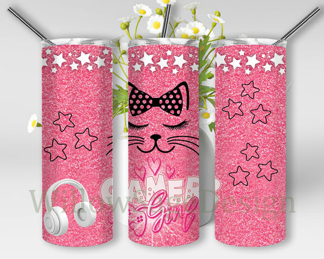 Gamer Girl Kitty 20oz Skinny Tumbler Png, Pink Glitter Cat Tumbler, Pink Cat Tumbler, Pink Glitter Tumbler, Tumbler sublimation Template Sublimation WillowSageDesign 