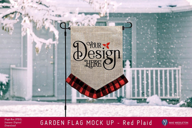 Garden Flag mock up for winter, Christmas, Red Plaid Mock Up Photo Mae Middleton Studio 