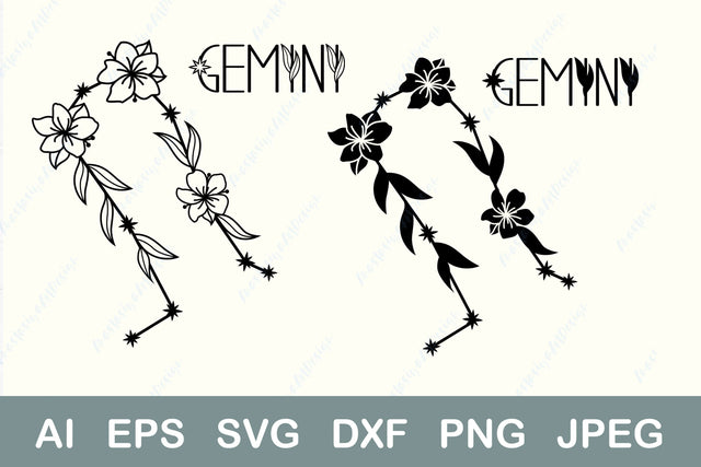 Gemini horoscope symbol svg, Zodiac sign with flowers svg, Floralc onstellation SVG AnastasiyaArtDesign 