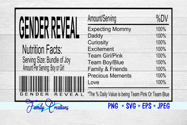 Gender Reveal Nutrition Label v1 SVG Family Creations 