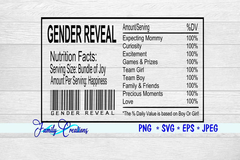 Gender Reveal Nutrition Label v2 SVG Family Creations 