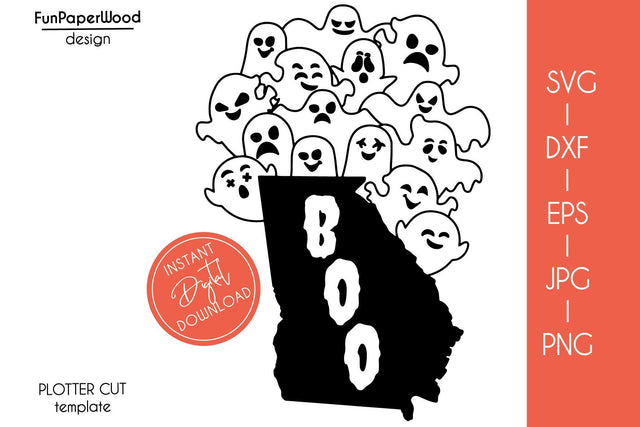 Georgia GA state map Cute Halloween Boo scary ghosts faces SVG DXF EPS PNG JPEG SVG FunPaperWood 