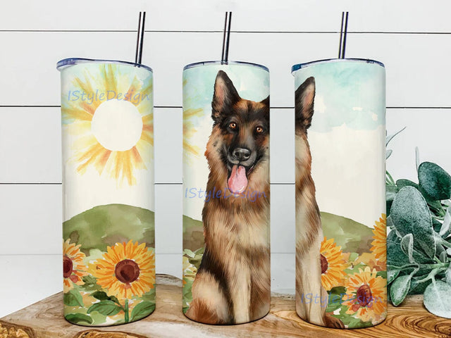 German Shepherd Dog 20 oz Skinny Tumbler Sublimation, Pet Lover Wrap, Dog Tumbler, Animal Tumbler, German Shepherd Sunflower Png Sublimation iStyleDesign 