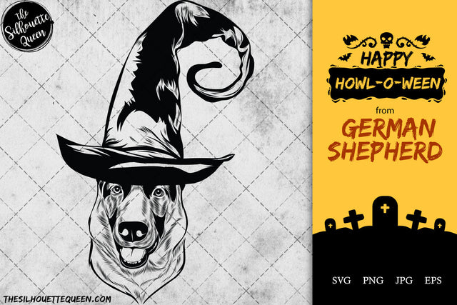 German Shepherd dog svg portrait clipart vector graphic art Witch hat Halloween dog Cricut cut file cuttable design SVG Loveleen Kaur 