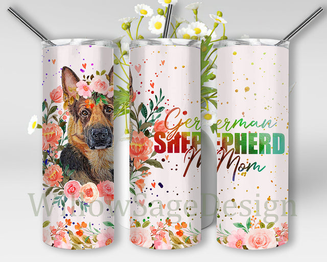 German Shepherd Mom Tumbler Png, German Shepherd Floral 20oz Skinny Tumbler, Dog Lover Tumbler Design, Shepherd Dog Mom Sublimation Design, Digital Download Sublimation WillowSageDesign 