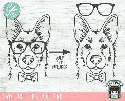 German Shepherd SVG File, Dog with Glasses SVG, Dog Cut File, Dog SVG File, German Shepherd Bowtie SVG File, Lab Cut File, Nerd SVG, Nerdy SVG SVG Wild Pilot 