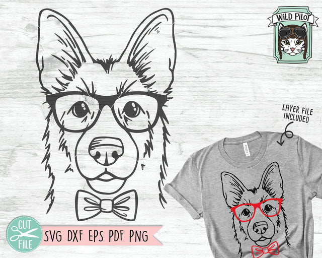 German Shepherd SVG File, Dog with Glasses SVG, Dog Cut File, Dog SVG File, German Shepherd Bowtie SVG File, Lab Cut File, Nerd SVG, Nerdy SVG SVG Wild Pilot 