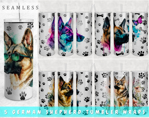 German Shepherd Tumbler Wraps Bundle, 20 Oz Skinny Tumbler German Shepherd Sublimation Designs, Seamless Dog PNG, 5 Designs Sublimation HappyDesignStudio 