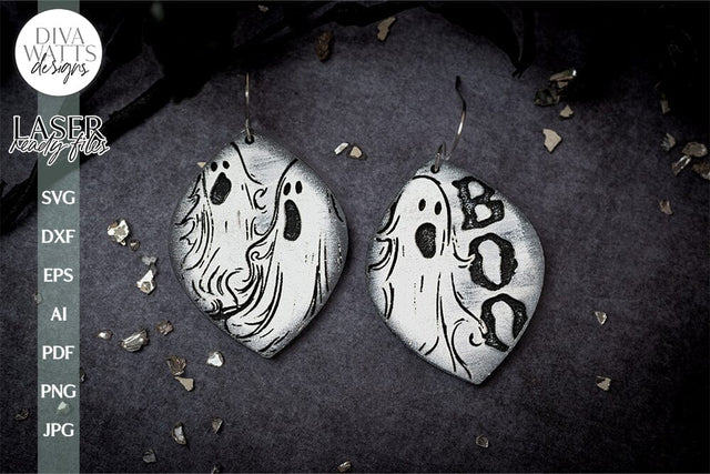 Ghost Earrings SVG For Laser Earrings With Ghost Face for Halloween Earrings For Glowforge Boo Earrings SVG Halloween Boo Ghost Earrings SVG Diva Watts Designs 