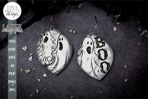 Ghost Earrings SVG For Laser Earrings With Ghost Face for Halloween Earrings For Glowforge Boo Earrings SVG Halloween Boo Ghost Earrings SVG Diva Watts Designs 