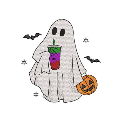 Ghost with Halloween Loaded Tea and Pumpkin Embroidery Design, Halloween Ghost Machine Embroidery Design, 3 sizes, Instant Download Embroidery/Applique DESIGNS Nino Nadaraia 