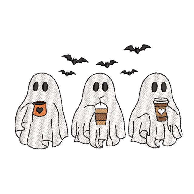 Ghosts Drinking Coffee Embroidery Design, Cute Halloween Ghosts Embroidery Design, Coffee Lover Spooky Embroidery Design, 4 sizes Embroidery/Applique DESIGNS Nino Nadaraia 