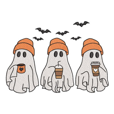 Ghosts Drinking Coffee Embroidery Design, Cute Halloween Ghosts Embroidery Design, Coffee Lover Spooky Embroidery Design, 4 sizes Embroidery/Applique DESIGNS Nino Nadaraia 