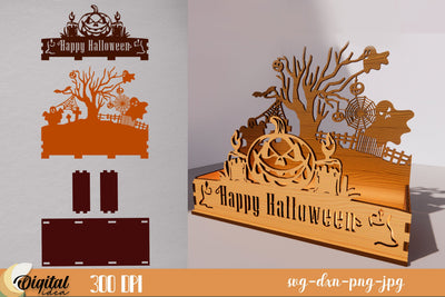 Ghosts&Pumpkin | Halloween Candle Box 3D Design | 3D Halloween Silhouette Laser Cut | Spooky Scene SVG Evgenyia Guschina 