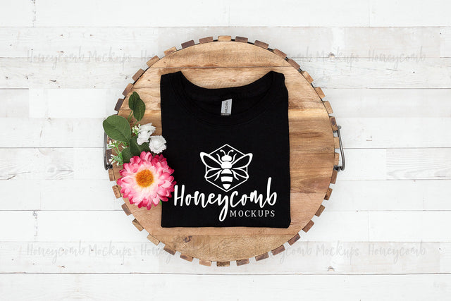 Gildan 64000 Black T-Shirt Mockup, Women's T-Shirt Mockup, Folded Mockup, Farmhouse Mockup, Summer Mockup, Spring Mockup Mock Up Photo Honeycomb Mockups 