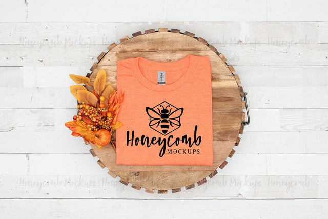 Gildan 64000 Heather Orange T-Shirt Mockup, Fall Mockup, Folded Mockup, Simple Mockup, Women's T-Shirt Mockup, Farmhouse Style Mockup Mock Up Photo Honeycomb Mockups 