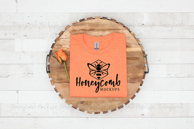 Gildan 64000 Heather Orange T-Shirt Mockup, Folded Mockup, T-Shirt Mockup with Flowers, Women's T-Shirt Mockup, Farmhouse Style Mockup Mock Up Photo Honeycomb Mockups 
