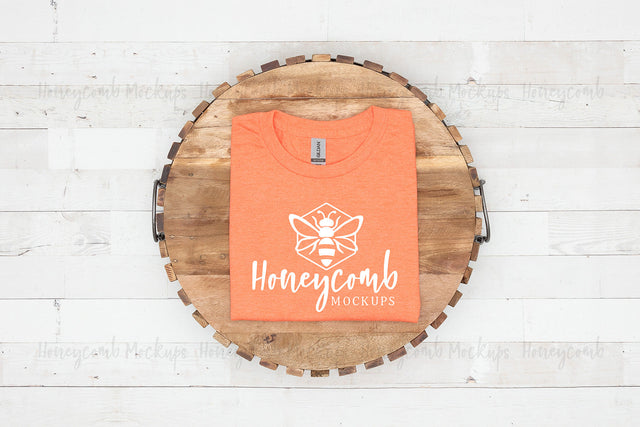 Gildan 64000 Heather Orange T-Shirt Mockup, Folded Mockup, Women's T-Shirt Mockup, Halloween Mockup, Fall Mockup, Simple Mockup, Farmhouse Style Mockup Mock Up Photo Honeycomb Mockups 