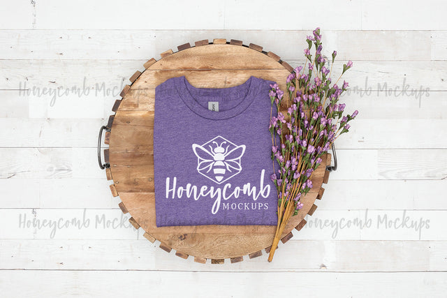 Gildan 64000 Heather Purple T-Shirt Mockup, Folded T-Shirt Mockup, Spring Mockup, Summer Mockup, Women's Shirt Mockup, Farmhouse Style Mockup, Mockup with Flowers Mock Up Photo Honeycomb Mockups 