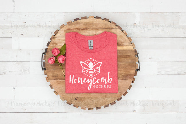 Gildan 64000 Heather Red T-Shirt Mockup, Folded Mockup, Valentines Mockup, Women's T-Shirt Mockup, Spring Mockup, Farmhouse Style Mockup Mock Up Photo Honeycomb Mockups 