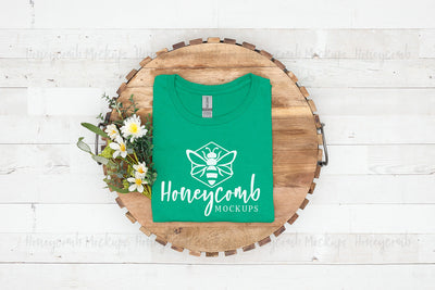 Gildan 64000 Kelly Green T-Shirt Mockup, Folded Mockup, T-Shirt Mockup with Flowers, Women's Shirt Mockup, Farmhouse Style Mockup Mock Up Photo Honeycomb Mockups 