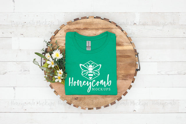 Gildan 64000 Kelly Green T-Shirt Mockup, Folded Mockup, T-Shirt Mockup with Flowers, Women's Shirt Mockup, Farmhouse Style Mockup Mock Up Photo Honeycomb Mockups 