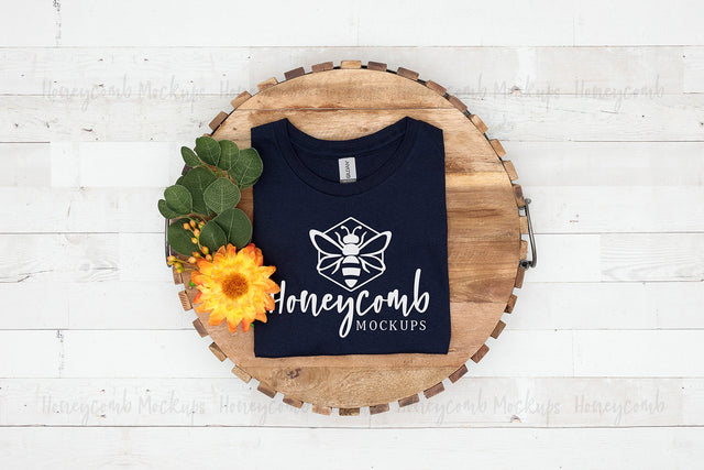 Gildan 64000 Navy T-Shirt Mockup, Folded Mockup, Spring Mockup, T-Shirt Mockup with Flowers, Women's Shirt Mockup, Farmhouse Style Mockup Mock Up Photo Honeycomb Mockups 
