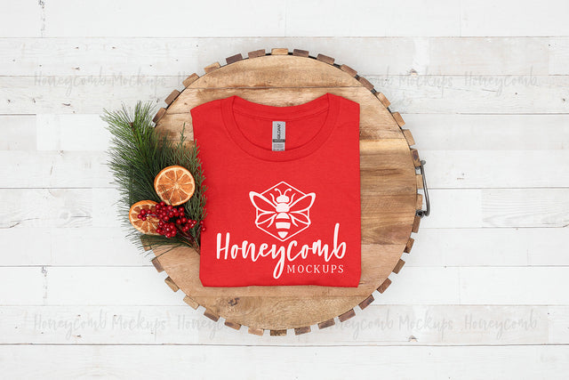 Gildan 64000 Red T-Shirt Mockup, Folded Mockup, Christmas Mockup, Women's Shirt Mockup, Farmhouse Style Mockup, Winter Mockup Mock Up Photo Honeycomb Mockups 