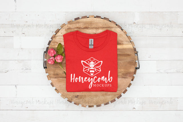 Gildan 64000 Red T-Shirt Mockup, Folded Mockup, Valentines Mockup, Women's Shirt Mockup, T-Shirt Mockup with Flowers, Farmhouse Style Mockup Mock Up Photo Honeycomb Mockups 